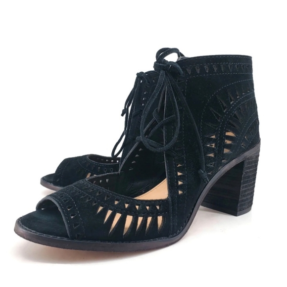 Vince Camuto Shoes - Vince Camuto Tarita Black Suede Cut-Out Lace-Up Open-Toe Block Heel Sandals
